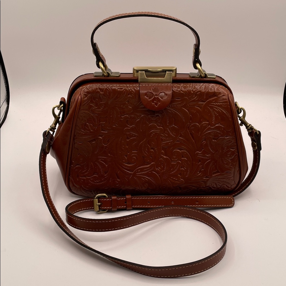 Patricia Nash Tooled Leather Handbag Frame Structured Satchel Brown Floral Purse